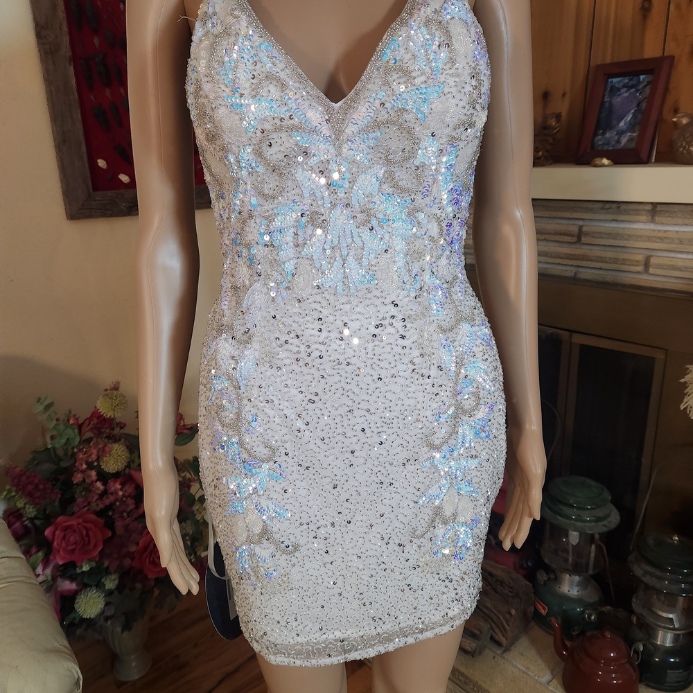 Sequin Embellished White Mini Dress with Spaghetti Straps - Picture 9 of 15